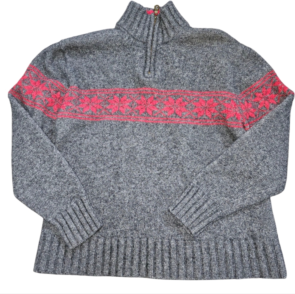 Gap, 100% Lambswool Gray and Red Women's Festive Sweater, Size Medium